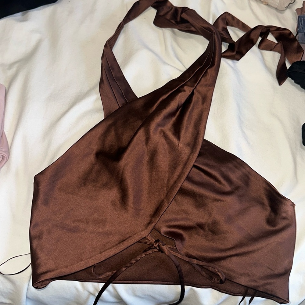 Brown  satin cross over top